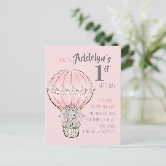 Roze Princess Elephant Hot Air ballonballon Uitnodiging Briefkaart (Staand voorkant)