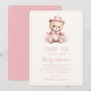 Roze Prinses Beer Baby Meisje Baby shower Bedankkaart