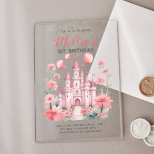 Roze prinses Castle Baby Girl's 1e verjaardag Acryl Uitnodigingen
