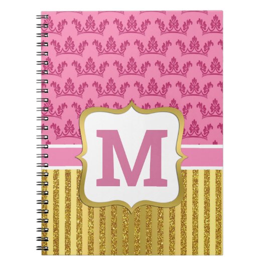 roze prinses Crowns & Gold Glitter Stripes Notitieboek (Voorkant)