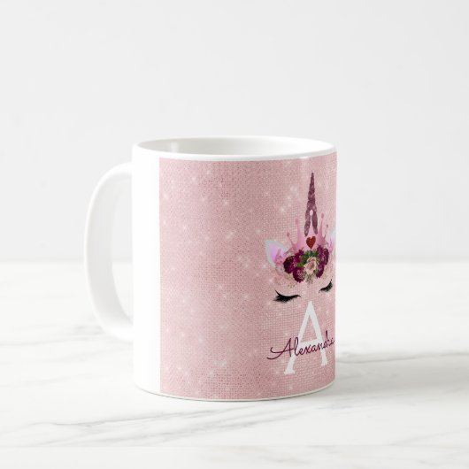 Roze Prinses Eenhoorn Roos Goud Blush Roze Glitter Koffiemok (Voorkant links)