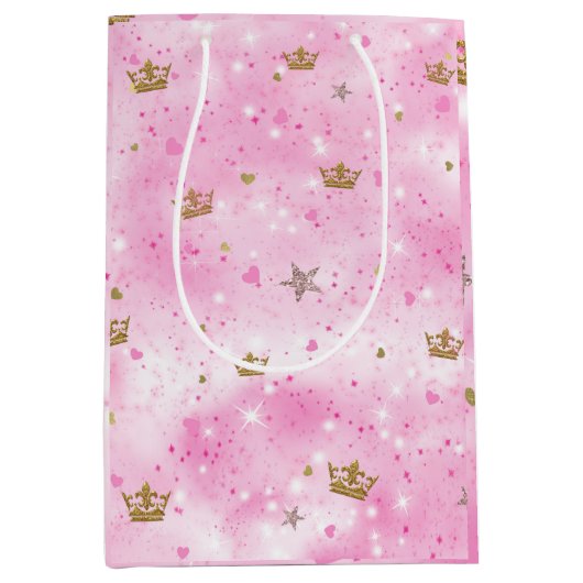 Roze Prinses Harten Sterren & Kronen Verjaardagsfe Medium Cadeauzakje (Voorkant)