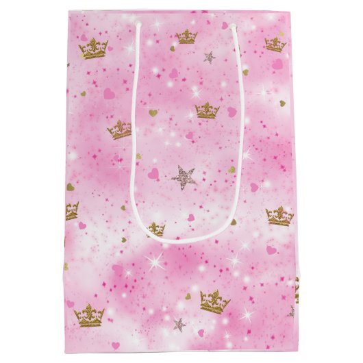 Roze Prinses Harten Sterren & Kronen Verjaardagsfe Medium Cadeauzakje (Achterkant)