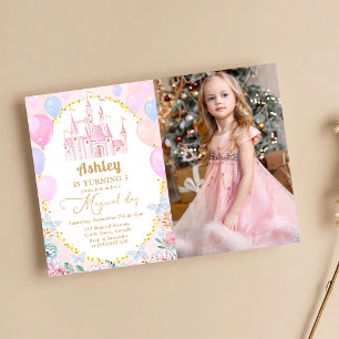 Roze Prinses Kasteel Meisje Verjaardagsfeestfoto Kaart