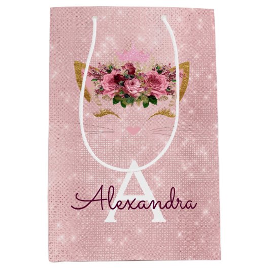 Roze Prinses Kitten Roos Goud Blush Roze Glitter Medium Cadeauzakje (Voorkant)