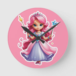 Roze prinses met magische toverstaf en tiara ronde klok