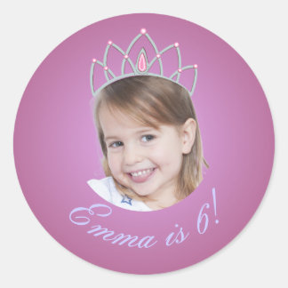 Roze prinses met tiara foto verjaardagssticker ronde sticker