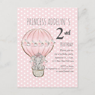 Roze Prinses Olifant Ballon Stippen 2e Verjaardag Uitnodiging Briefkaart