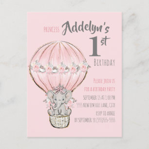 Roze Prinses Olifant Heet Lucht Ballon Ballon Uitnodiging Briefkaart