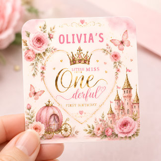 Roze Prinses One-derful Verjaardag Vierkante Sticker