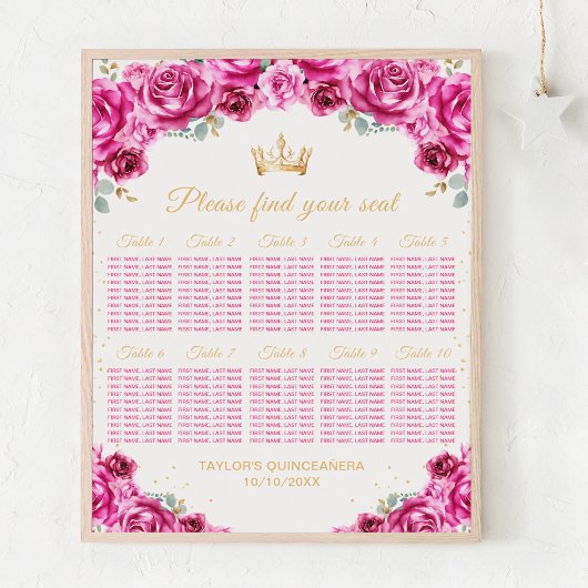 Roze Prinses Quinceañera 10 Tafel Zitplaatsen Graf Poster