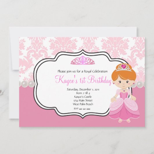 Roze Prinses Rood Haar  Damast en Parels Kaart (Voorkant)