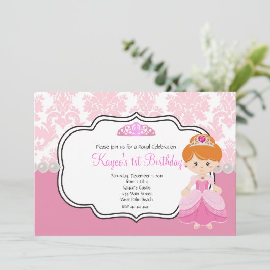 Roze Prinses Rood Haar  Damast en Parels Kaart (Staand voorkant)