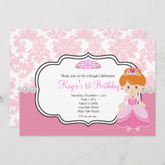 Roze Prinses Rood Haar Damast en Parels Kaart (Voorkant / Achterkant)