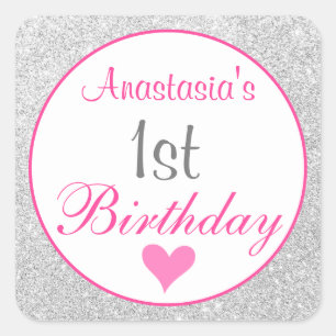 Roze Prinses Roze & Zilver Glitter 1e Verjaardag Vierkante Sticker