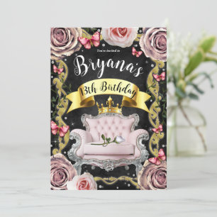 Roze Prinses Stoel Rozen & Vlinders Verjaardag Kaart