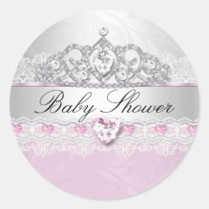 Roze Prinses Tiara & Kanten Baby Shower Stickers