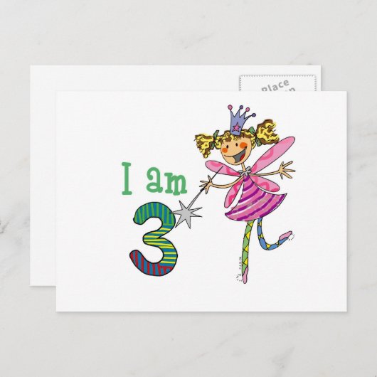 Roze prinsessenfee (leeftijd 3) briefkaart (Voorkant / Achterkant)