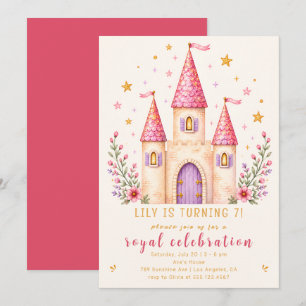 Roze Prinsessenkasteel 7e Verjaardagsuitnodiging Kaart
