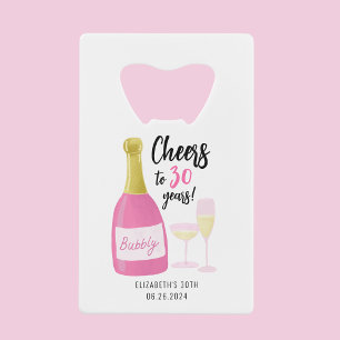 Roze proost op 30 jaar bubbel 30e verjaardagsfeest kredietkaart flessenopener
