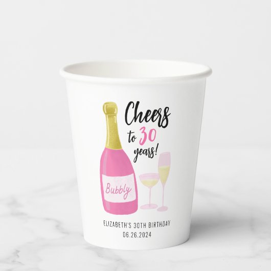 Roze Proost op 30 jaar bubbelig 30e verjaardagsfee Papieren Bekers (Achterkant)