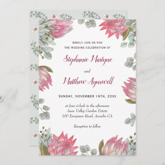 Roze Protea Eucalyptus Bloemenbruiloft Kaart (Voorkant / Achterkant)