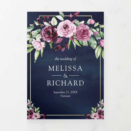 Roze Pruim Bloemen Ampersand Navy QR Code Bruiloft Drieluik Uitnodiging (Cover)