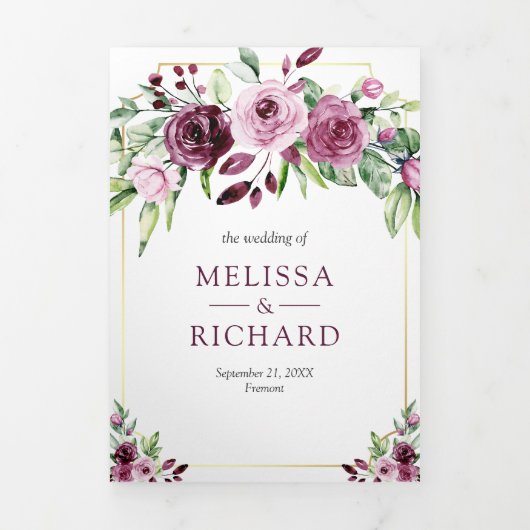 Roze Pruim Bloemen Ampersand QR Code Bruiloft Drieluik Uitnodiging (Cover)