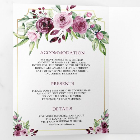 Roze Pruim Bloemen Ampersand QR Code Bruiloft Drieluik Uitnodiging (Binnenzijde eerst)