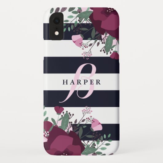 Roze & Pruimrozen | Gestreept Monogram Case-Mate iPhone Case (Achterkant)