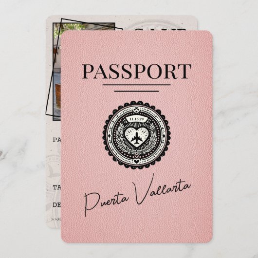Roze Puerta Vallarta Paspoort Bewaar de datum Save The Date (Voorkant / Achterkant)