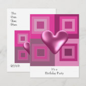 Roze Puffy Heart Birthday Uitnodiging (Voorkant / Achterkant)