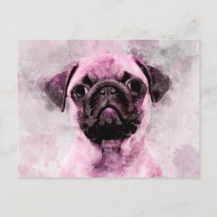 Roze Pug Dog Waterverf Portret 02 Briefkaart