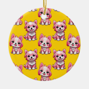 Roze Puppy Dog Patroon Design - Geel Keramisch Ornament