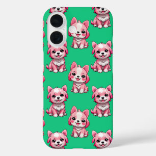 Roze Puppy Dog Patroon Design - Groen iPhone 16 Hoesje