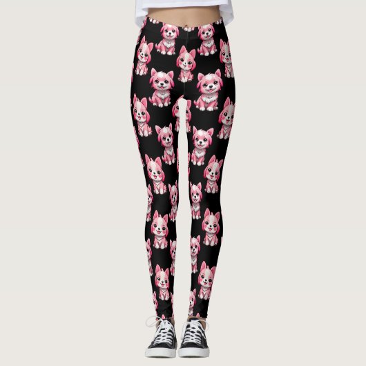 Roze Puppy Dog Patroon Design - Zwart Leggings (Voorkant)