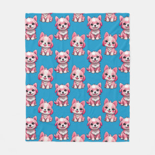 Roze Puppy Dog Patroon Ontwerp - Blauw Fleece Deken