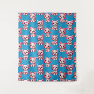 Roze Puppy Dog Patroon Ontwerp - Blauw Wandkleed