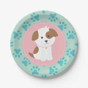 Roze Puppy verjaardagsfeest borden pootafdrukken Papieren Bordje