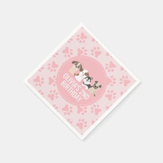 Roze Puppy verjaardagsfeestje servetten pootafdruk (Hoek)