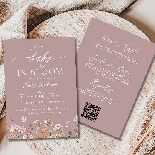 Roze QR Code Wildflower Baby in Bloom Baby shower Kaart