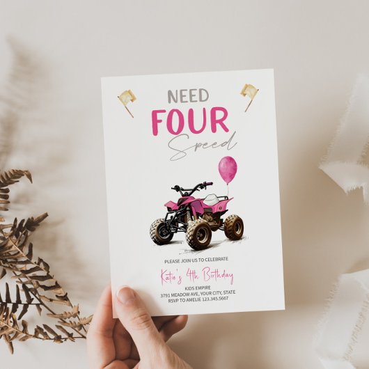 Roze Quad Bike 4e Verjaardag uitnodiging