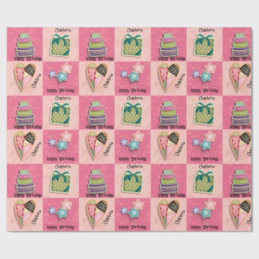 Roze Quilt Motif Naam toevoegen Verjaardag voor ha Cadeaupapier (Vlak)