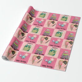 Roze Quilt Motif Naam toevoegen Verjaardag voor ha Cadeaupapier