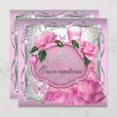 Roze Quinceanera 15e Roos Tiara Kaart (Voorkant / Achterkant)