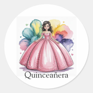 Roze Quinceañera Ball Gown Art Ronde Sticker