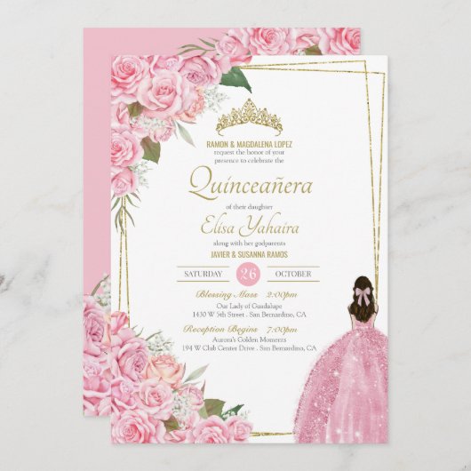 Roze Quinceanera Bloem Roos Quince Elegante Jurk I Kaart (Voorkant / Achterkant)