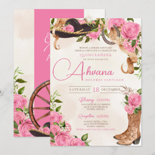 Roze Quinceañera Charro Western Roos Bloemen Kaart