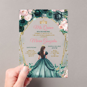Roze Quinceañera Emerald Groen Gouden Kroon Bloeme Acryl Uitnodigingen