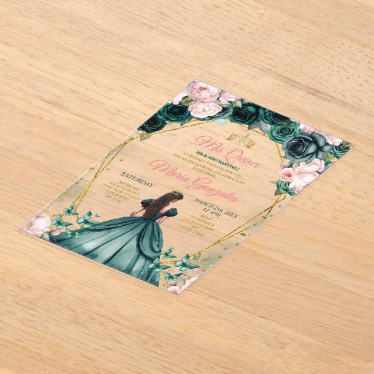 Roze Quinceañera Emerald Groen Gouden Kroon Bloeme Acryl Uitnodigingen (Laagn)